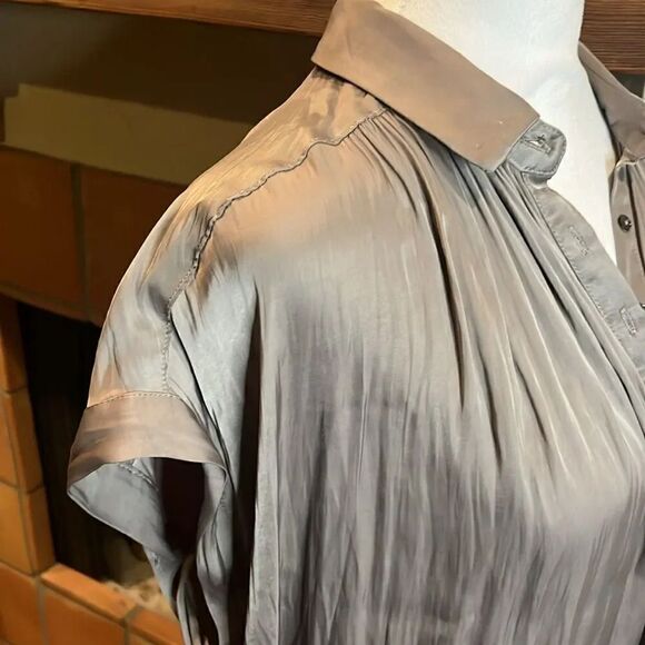 By Together Pleated Polyester Satin 1/2 Button Up Blouse, S! - Picture 4 of 11